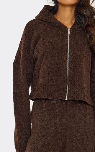 Zip Front Hooded Cropped Jacket In Chocolate Brown Knit | EGO US | EGO