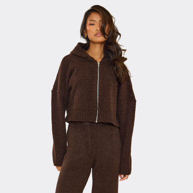 リバーシブル クロップドカバーコート ダークブラウン Zip Front Hooded Cropped Jacket In Chocolate Brown Knit | EGO US | EGO