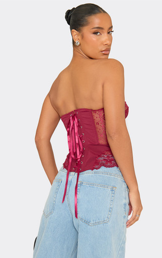 Bandeau Hook And Eye Corset Top In Burgundy Lace | EGO EU | EGO