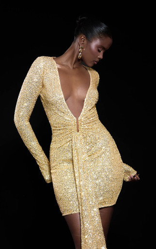 Long Sleeve Plunge Front Draped Detail Mini Dress In Gold Sequin, Women's Size US 2 - EGO
