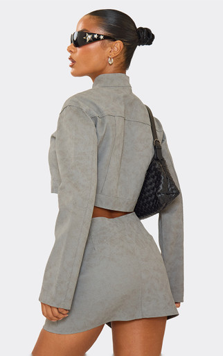 High Waist Zip Front Cargo Pocket Mini Skirt In Acid Wash Grey