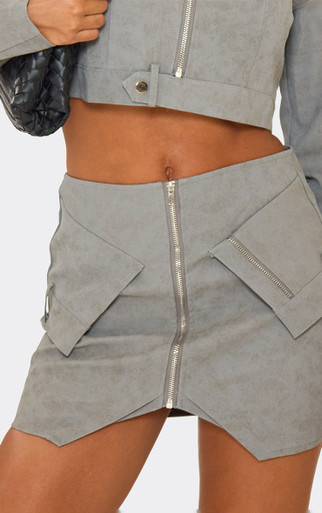 High Waist Zip Front Cargo Pocket Mini Skirt In Acid Wash Grey