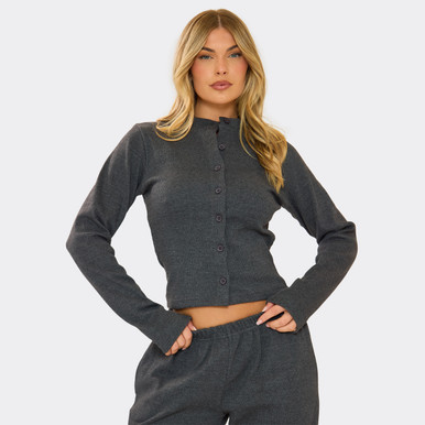 Long Sleeve Button Front Fitted Top In Charcoal Grey Ribbed | EGO