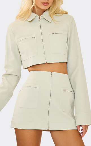 High Waist Zip Front Cargo Pocket Mini Skirt In Stone Faux Leather