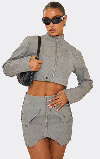 High Neck Zip Front Cropped Jacket In Acid Wash Grey | EGO US | EGO