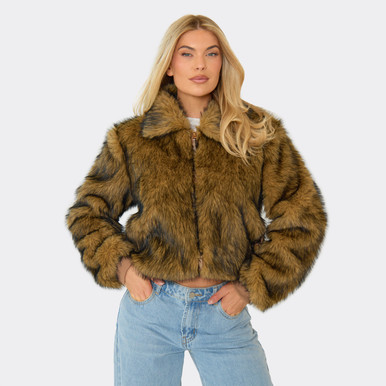 Collared Zip Up Jacket In Brown Faux Fur | EGO UK | EGO