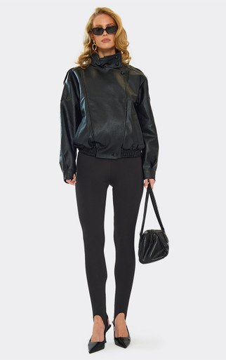 Funnel Neck Bomber Jacket In Black Textured Faux Leather | EGO US