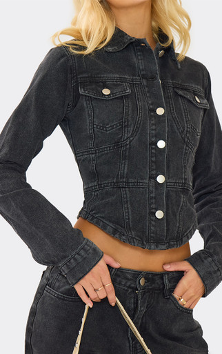 Cinched Waist Curved Hem Button Down Jacket In Black Denim | EGO