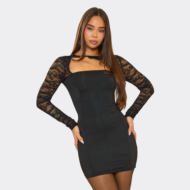 carters long sleeve mini dress black Long Sleeve Zip Front Contour Detail Mini Dress In Black Knit | EGO US