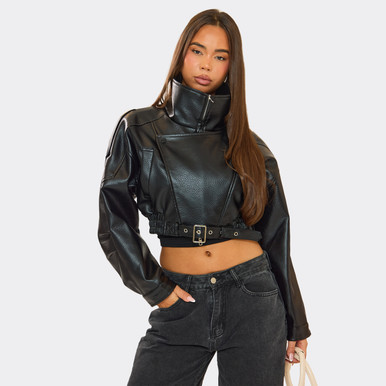 High Neck Cropped Zip Detail Bomber Jacket In Black Faux Leather