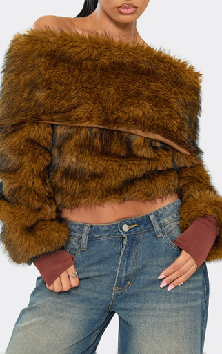 Off The Shoulder Top In Brown Faux Fur | EGO US | EGO