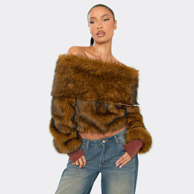 Off The Shoulder Top In Brown Faux Fur | EGO US | EGO