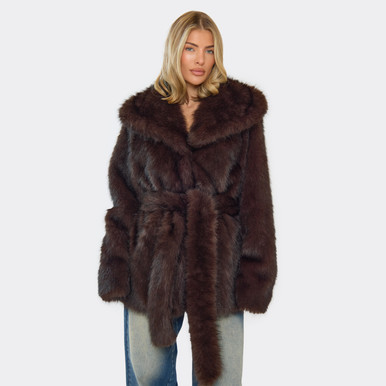 Oversized Collar Tie Belt Waist Coat In Chocolate Brown Faux Fur