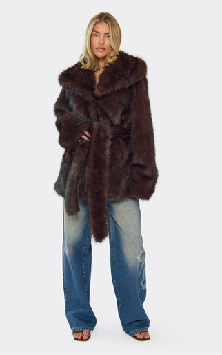 Oversized Collar Tie Belt Waist Coat In Chocolate Brown Faux Fur