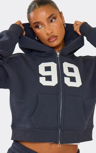 Long Sleeve 99' Graphic Double Zip Boxy Hoodie In Navy | EGO UK | EGO