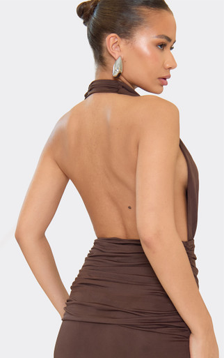 Plunge Ruched Side Split Detail Maxi Dress In Chocolate Brown | EGO US | EGO