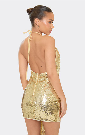 Open Front Drape Detail Mini Dress in Gold Sequin, Women's Size US 6 - Ego Open Front Drape Detail Mini Dress in Gold Sequin, Women's Size US 6 - Ego