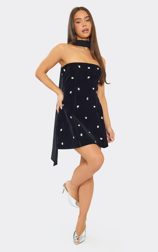 black velvet diamante detail trim mini dress ASOS DESIGN velvet halter neck mini dress with diamante flower trim detail in black