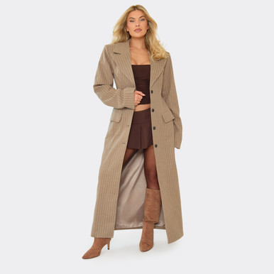 Cinched Waist Wool Look Maxi Coat In Stone Pinstripe | EGO US | EGO