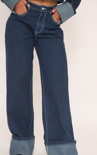 Mid Rise Turn Up Hem Wide Leg Jeans In Dark Indigo Denim | EGO US