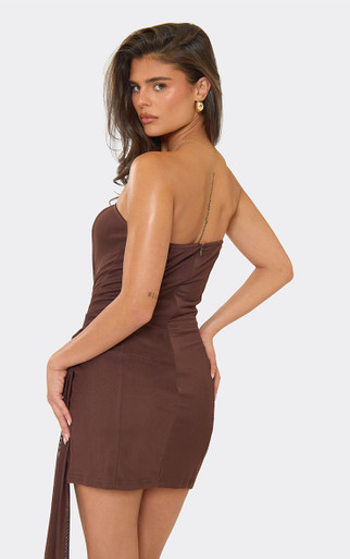 Bandeau Asymmetric Drape Detail Mini Dress In Chocolate Brown