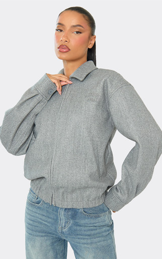 Collared 'Min Min' Slogan Wool Look Bomber Jacket In Grey | EGO UK