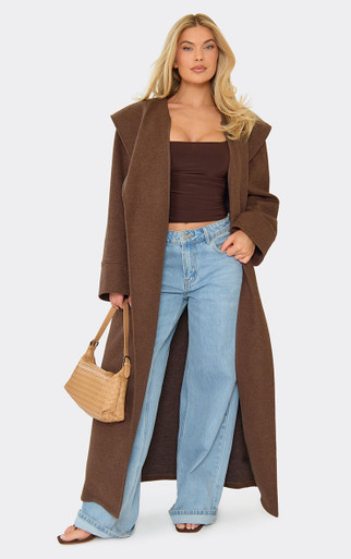 Hooded Tie Waist Wool Look Maxi Coat In Chocolate Brown | EGO US | EGO