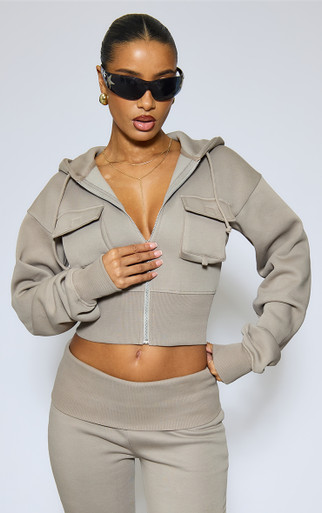 Pocket Detail Cinched Waist Zip Up Cropped Hoodie In Taupe | EGO