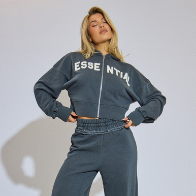 Zip Up Essential Graphic Hoodie In Washed Charcoal Grey | EGO US | EGO