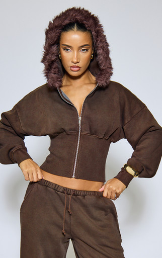 Fur Detail Cinched Waist Zip Up Hoodie In Washed Chocolate Brown