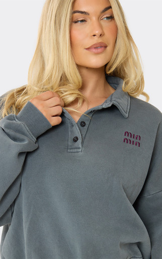 Long Sleeve 'Min Min' Embroidered Graphic Polo Sweatshirt In