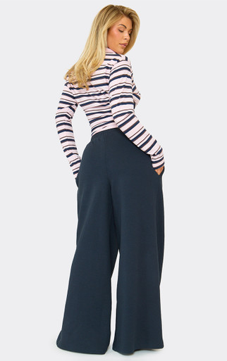 Low Rise Pintuck Detail Wide Leg Joggers In Navy Blue | EGO US | EGO