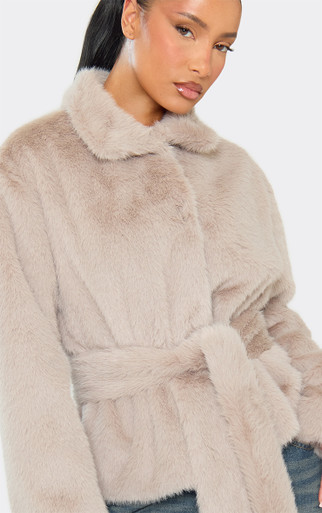 Collared Tie Waist Detail Jacket In Stone Soft Faux Fur | EGO US | EGO