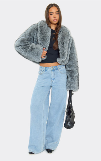 Oversized Collar Panel Detail Cropped Coat In Grey-Blue Faux Fur