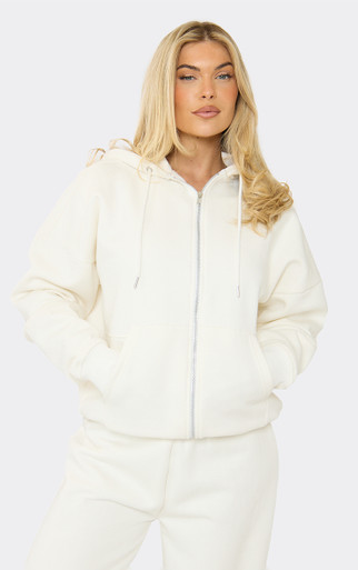 Oversized Seam Detail Zip Up Hoodie In Cream | EGO US | EGO