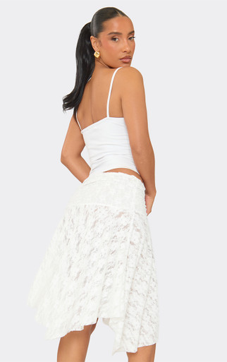 Ruched Waist Asymmetric Hem Midi Skirt In White Lace | EGO US | EGO