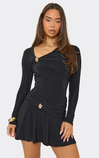 blue dress for baby girl IRREPLACEABLE RUFFLE SLEEVE TULIP HEM MINI DRESS IN BLACK – AKIRA main image 1