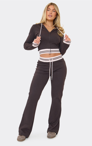 Contrast Stripe Detail Fitted Zip Up Hoodie In Chocolate Brown