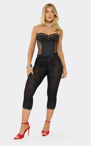 Bandeau Underwired Lace Panel Corset Top In Black Satin | EGO US | EGO