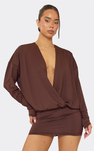 a-line plunge neck long sleeve mini dress in plum Motel Modena Long Sleeve Minidress in Tnl Paisley Plum at Nordstrom, Size Medium