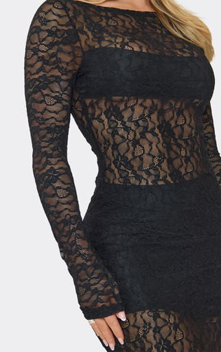 Long Sleeve Panel Detail Maxi Dress In Black Lace, Women's Size US 2 - EGO Long Sleeve Panel Detail Maxi Dress In Black Lace, Women's Size US 2 - EGO