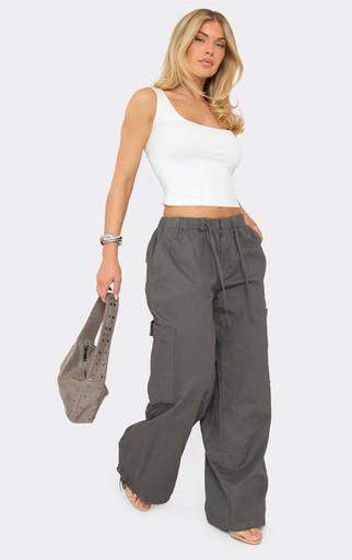 Mid Rise Utility Wide Leg Cargo Trousers In Charcoal Grey | EGO US