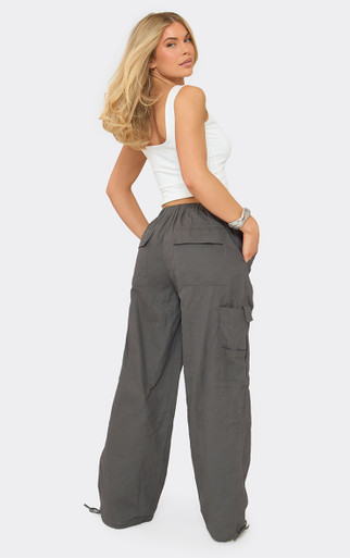 Mid Rise Utility Wide Leg Cargo Trousers In Charcoal Grey | EGO US