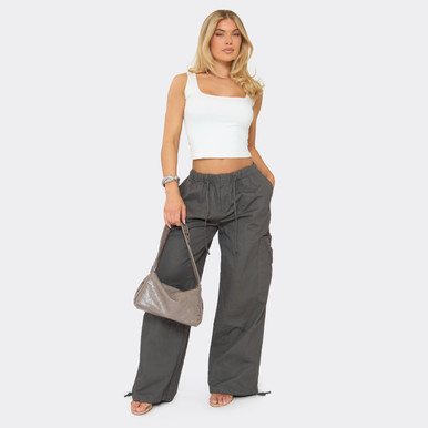 Mid Rise Utility Wide Leg Cargo Trousers In Charcoal Grey | EGO US