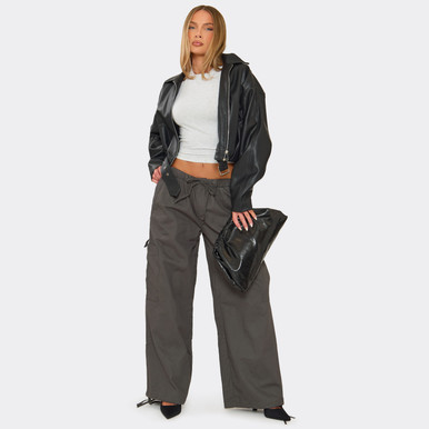 Mid Rise Utility Wide Leg Cargo Trousers In Charcoal Grey | EGO US