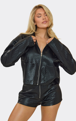 Zip Up Boxy Jacket In Black Textured Faux Leather | EGO UK | EGO