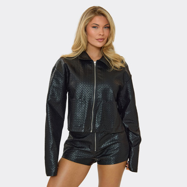 Zip Up Boxy Jacket In Black Textured Faux Leather | EGO UK | EGO