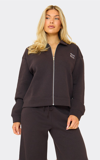 Long Sleeve 'Min Min' Detail Zip Up Front Collared Sweatshirt In