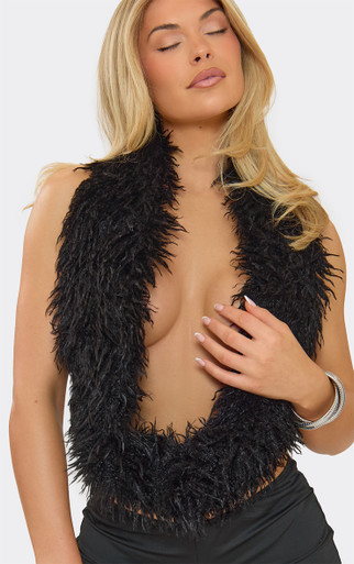 Extreme Cowl Neck Open Back Detail Top In Black Faux Fur | EGO US