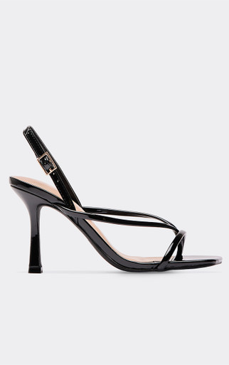 Zaynah Strappy Square Toe Slingback Heel In Black Faux Leather